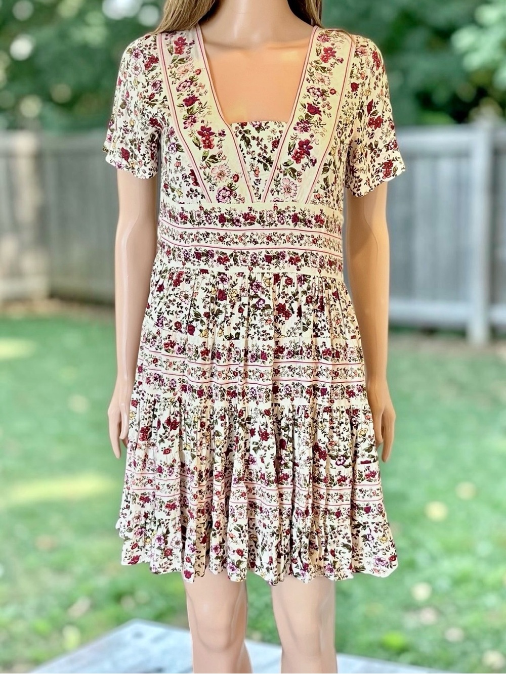 Patrons of Peace Floral Boho Mini Dress XS Rayon Empire Waist Cottagecore